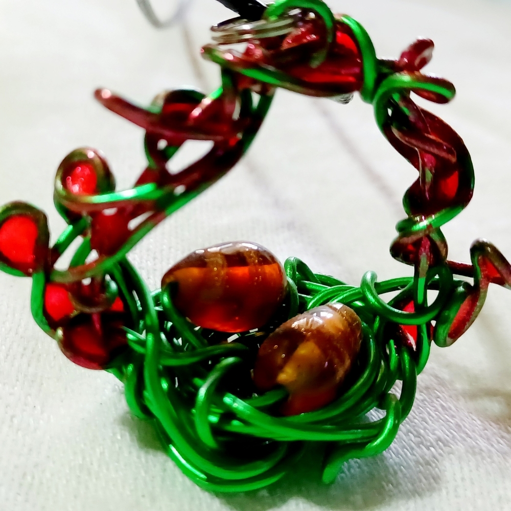 Dragon/ bird eggs lampwork glass handmade basket pendant necklace flowers green